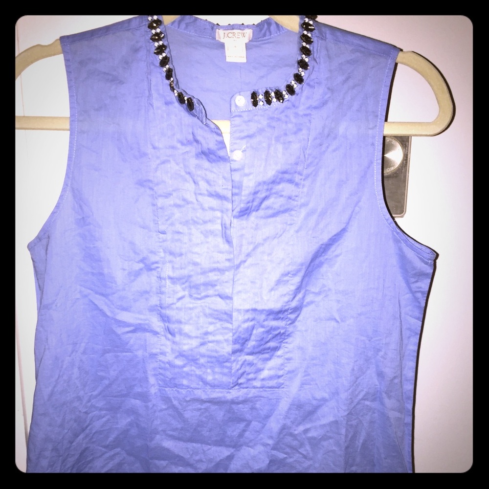 J. Crew Blue Sleeveless Tunic with Black Beaded Neckline